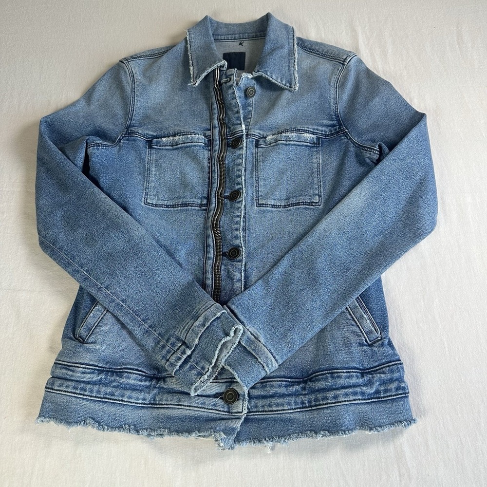 RtA Denim Jacket Blue Jean Light Wash Zip Front Button Down Distressed Hem Small